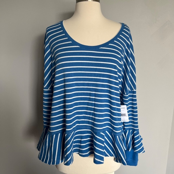 Free People Round About Tee Ocean Combo Striped Ruffle Casual Shirt Top Sweater - Picture 5 of 8